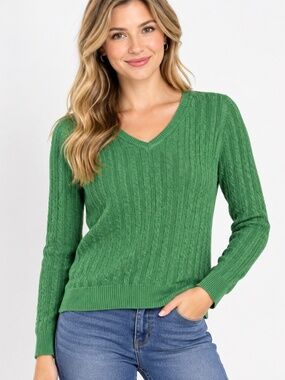 Laura Scott Medium Green Cable-Knit V-Neck Sweater
